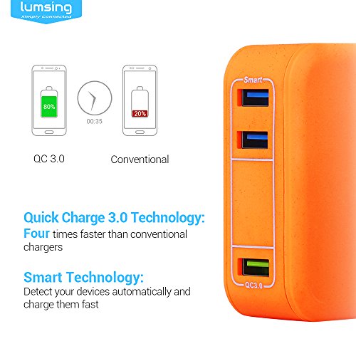 Lumsing Quick Charge 3.0 35W USB Ladegerät Wand Ladeadapter, 1 Port QC3.0 + 2 Port mit Smart IC Technologie Wall Charger für iPhone7/ 7Plus, iPad, HTC One A9/M9, Nexus 6, LG G5 V10 ,Smartphones Tablets und andere USB-ladende Geräte (Orange) - 2