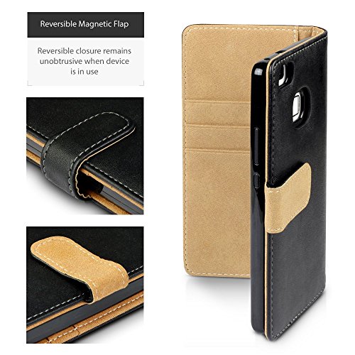 Huawei P9 Lite Funda Cartera con tapa para billetera y compartimento para dinero - Negro con el interior tostado