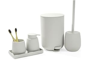 GAHEFY Badset Badezimmer Zubehör Set Beige, Badausstattung Sets Deko, 5 Teiliges Bad Set - Seifenspender Zahnbürstenhalter Schminktablett Klobürste und Mülleimer Set für Bad (Beige)