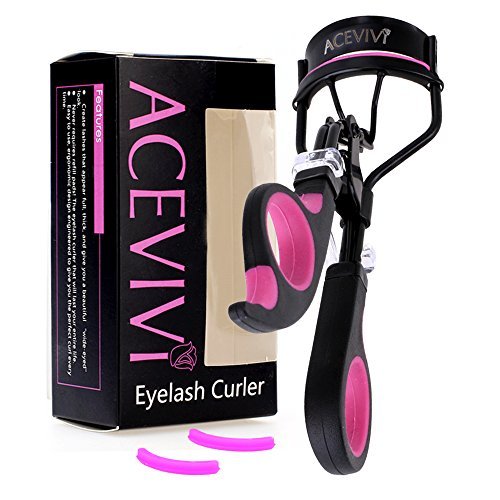 ACEVIVI Black Eyelash Curler with Red Soft Hand Grip -- Silicone Rubber Refill Replacement Pads Included
