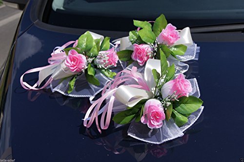 6 St. Autoschmuck Blumen Blüten Girlanden Hochzeit Autodeko Kunstblume NEU LA50 (Rosa) - 3