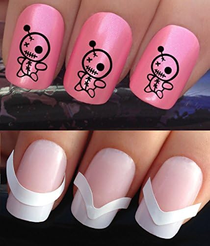 WATER NAIL TRANSFERS DECALS STICKERS ART SET #602 &amp; 172. **plus x48 nail tip guides!!** x24 BLACK MAGIC CUTE VOODOO DOLL HALLOWEEN TATTOO WRAPS &amp; x48 FRENCH MANICURE TIP GUIDES! CAN BE USED WITH NATURAL GEL ACRYLIC STICK ON NAILS! OR WITH GLITTER DUST CAVIAR BEADS ALLOYS DECORATIONS CONFETTI FIMO SHAPES TAPE PENS RHINESTONES!