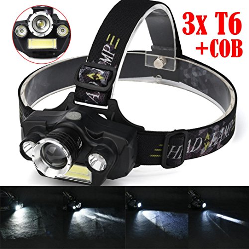 Familizo 15000lm 3 x XM-L T6 LED + COB ricaricabile 18650 lampada frontale, lampada frontale, ??Noir