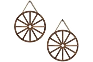 HAPIHOM 2pcs 11Inch Wooden Wagon Wheel Western Cowboy Party Decorations Wall Hanging Vintage Wagon Wheel Hanging Pendant Art Wall Decor for Bar Garage Patio Indoor Outdoor