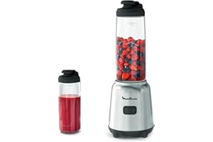 Moulinex Mix & Move Mini Batidora, 2 Botellas Tritan Premium, Diseño Compacto ahorrador de espacio, Cuchillas Extraíbles Fácil Limpieza, 300 W, Control Fácil y Ergonómico, LM15FD10