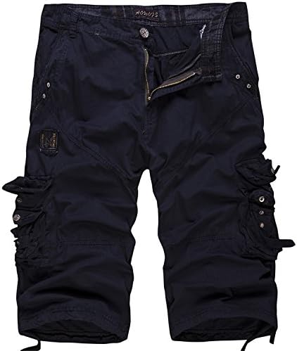 HCIUUI New Cotton Men's Casual Shorts Loose Large Size Cargo Shorts Solid Color Patchwork Military Shorts White Knee Length Tactical Navy Blue 34