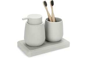 AJEUNGAIN Juego de Baño Accesorios Beige, 3 Piezas Set de Baño Moderno - Dispensador de Jabón, Soporte Cepillo de Dientes, Bandeja para Organizar (Beige)