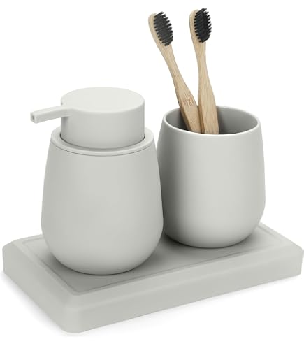 Set Salle De Bain 3 Pièces En Céramique – Distributeur De Savon, Porte-bijoux & Gobelet à Brosse à Dents | Coloris Bleu Foncé | Design épuré
