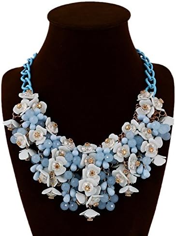 Yeshion Bib Flower Statement Necklace Crystal Choker For Women (Blue)