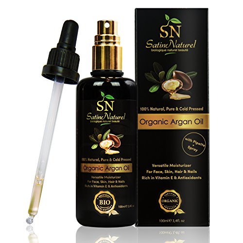 Argan Oil Organic 100ml Pure and Natural in Light Protection Glass bottle with Pipette + Spray - 100% cold-pressed, pure natural & organic certified - moisturizing Body Hair Oil with Vitamin E for soft and young skin healthy nails face