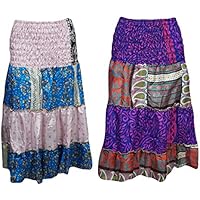 Mogul Interior Women's 2 in 1 Strapless Tube Dress Skirt Silk Sari Casual Gypsy Chic S/M