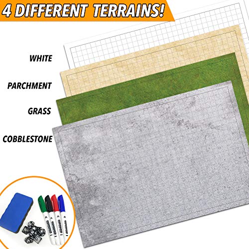RPG Battle Game Mat - 2 Pack Dry Erase Double sided 36" x 24" (4 Terrains) + 4 Dry Erase Markers + 1 Eraser + 7pc Polyhedral Dice Set - Large Table Top Role Playing Map for Starters and Masters