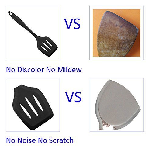 Cookey 10 Stück Silikon Geschirr Küche Kochutensilien mit Silikon und Hygiene Beschichtung, hitzebeständige Küchengeräte Perfekt für alle Arten von Kochen Mit GrillZange, Schneebesen, Bürste, Spatel, Schaumlöffel, Löffel Nudeln, Reis Paddel, Kelle, Suppenlöffel Hitzebeständige Koch und Backzubehör (Schwarz) - 5