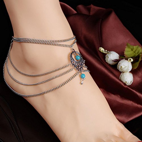 Ularmo Frauen Strand barfuß Sandal Foot Türkis Schmuck Fußkette Kette Quaste - 5