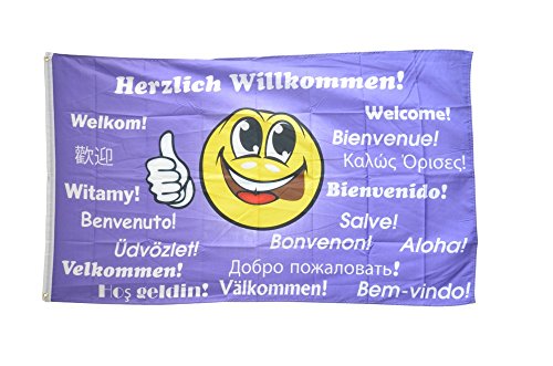 Fahne / Flagge Herzlich Willkommen Smily + gratis Sticker, Flaggenfritze®