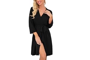 PrinStory Bademantel Für Damen Leichter 3/4 Ärmeln Morgenmantel Kimono Roben Kurz Nachtwäsche