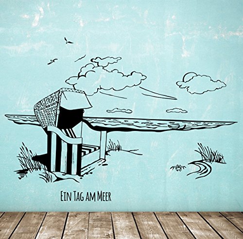 Wandtattoo Wandaufkleber Strandkorb am Meer maritim „Ein Tag am Meer“ M1496 – ausgewählte Farbe: *Blau* ausgewählte Größe:*S 80cm breit x 50cm hoch - 2
