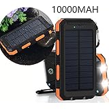 Solar Ladegerät, VivoStar 10000 mAh Solar Power Bank Externe Backup Akku Pack Dual USB Solar Panel Ladegerät mit 2LED Licht Karabiner Kompass Tragbar für Notfall Camping Outdoor Travel