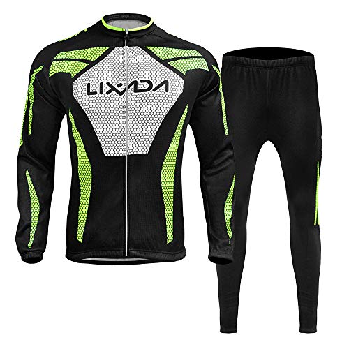 Lixada Maillot de Cyclisme Set Hiver Long Manches Thermique Polaire Coupe-Vent Cyclisme Jersey Manteau Veste avec 3D Rembourré Pantalon
