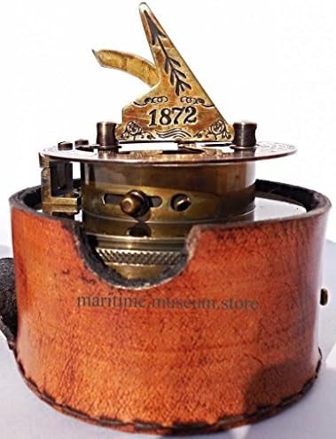 Maritime Antiques Nautical Brass Box Sundial Compass -Drum Sundial with Leather Box. C-3020
