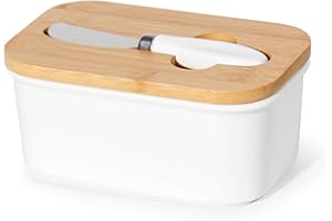 Theo&Cleo Beurrier en céramique avec couvercle en bois, 250 g de conservation du beurre, en porcelaine, couteau à beurre vintage (blanc-2)