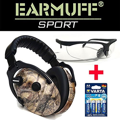 Protect Sport/Hunting Ear Muff 24dB Earmuff Electronic Headphones Active + Varta Batteries, CAMO + Schießbrille