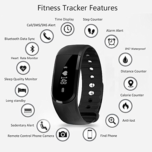 Herzfrequenz Fitness Tracker,CAMTOA ID101 Fitness Armband Pulsuhr Aktivitätstracker Wasserdicht IP67 – Schrittzähler,SMS Anrufe,Kalorienverbrauch,Kamera-Fernbedienung,ID Benachrichtigung,Musiksteuerung und Handy-Suchfunktion(USB Anschluss direkt laden) - 2