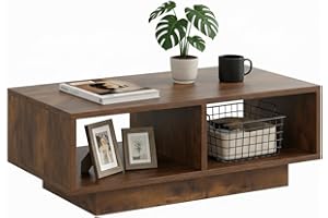 SHOWHA Mesa de centro vintage con aspecto de madera negra, mesa central de té para salón, moderna y elegante, mesa de café rectangular con 2 compartimentos abiertos, mesa auxiliar rectangular, mesa de