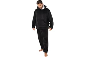 OHS Mens Pyjamas Set Sherpa Lined Two Piece Coral Fleece Pyjamas Women Men Hooded Bottoms Soft Warm Winter Fluffy Pjs Sleep Nightwear, Black - S/M/L
