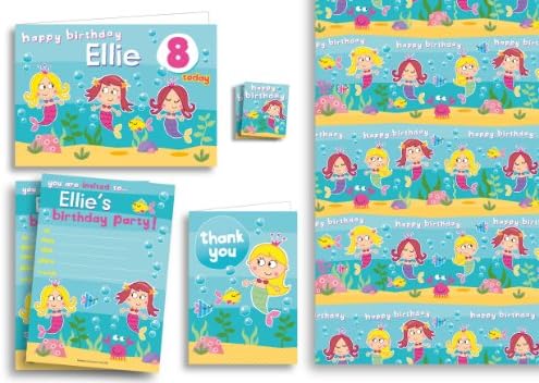 Children's Personalised Party Pack Inc 16 x Invites / 16 x Thank You Cards / Birthday Card & Wrapping Paper - Mermaid