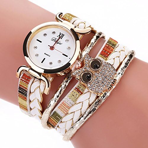 Womens Owl Faux Leather Multilayer Bracelet Analog Quartz Wrist Watch (White)