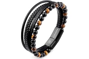 LIVLOKO LONDON Mens Bracelet Leather Black Multi-Layer Stone Beads Magnetic Adjutable Steel Clasp Viking Rope Bands Surfer Man Wristband Male UK Jewellery Gift box Boyfriend Dad Son Brother Tiger Eye