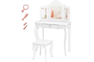 DREAMADE Children's Dressing Table with Stool and Removable Mirror, Princess Dressing Table with Drawer, Children's Dressing Table for Children Girls (White without Lighting)