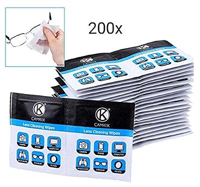 CamKix Lingettes nettoyantes pour lentilles - 200 tissus humides emballés individuellement - Tissus à polir humides pour lunettes, lunettes de soleil, objectifs, écrans de téléphone / tablette, jumelles, etc