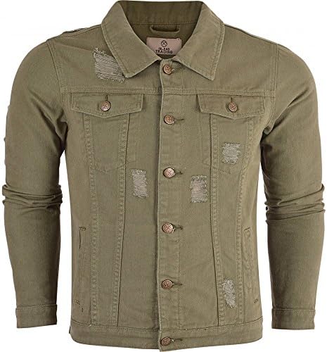 Mens Denim Jacket Khaki Jeans Jacket Distressed Rips Ripped 4 Pocket Fashion Coat