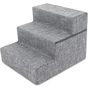 Best Pet Supplies 3-Step Foldable CertiPUR-US Certified Foam Pet Stairs/Steps, 21 x 16 x 16.5-Inch, Gray Linen