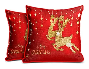 DreamVio Jute Exclusive Merry Christmas Decorative Throw/Pillow Covers, Cushion Covers for Gifting, Living Room, Bed Room, Sofa,Chairs Pack/Set of 2 (Multicolour, Size 16 x 16 Inches) Design 15