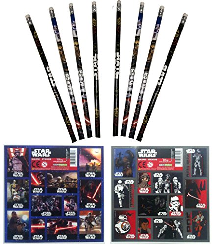 Star Wars - 16 tlg. Set 8 Bleistifte mit Radiergummi + 8 Stickerbogen Mitgebsel Kindergeburtstag