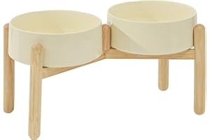 Havniva Ceramic Raised Dog Bowl with Stand for Large Breed Dog Dish Pet Food and Water Bowl (Double Bowl with Stand - Beige, 21cm)