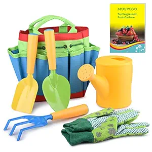 NOUVCOO Gardening Tools Set for Kids, 7 PCS Garden Tools Covering Garden Sturdy Tote, Watering Can, Shovel, Rake, Fork, Children Gardening Gloves and a Kids? Delightful Booklet How to Garden, NC27