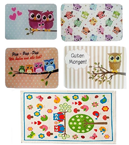 Frühstücksbrettchen 4'er Set Eule + Frotteehandtuch Eule Gratis (bunt + Handtuch)