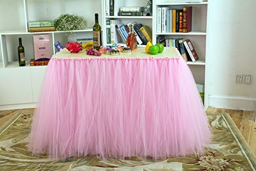 Deluxe Elegant Tulle Table Skirts with Little Flowers for Wedding, Birthday, Baby Shower, Meetings and Home Party Decorations - Pink(36*31inches)