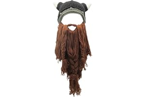 Xinqiao Men’s Viking w/Fake Beard Beanie Handmade Knit Funny Hats Pillager Horned Caps