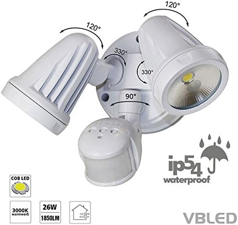 VBLED&reg; 26W (2x13W) LED Duo double wall light/wall lamp/spot light/spot flood light/outdoor sensor light, white finish IP65, with&nbsp;PIR infra-red motion sensor,&nbsp;cool white/warm white,&nbsp;outdoor (external),&nbsp;2&nbsp;bulbs,&nbsp;set of 2 Modern warm white