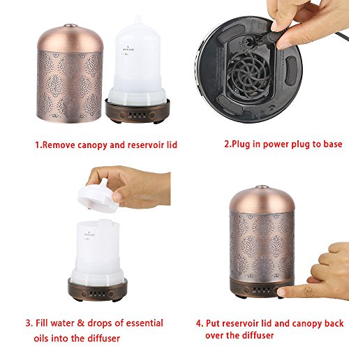 Aromatherapie COOSA 100ml Standard Ultrasonic aroma diffusor Essential Oil Diffuser Papier-geschnittene Fenstergrills Designed EU Plug Standard Cool Aroma Nebel Luftbefeuchter mit 7 bunten LED-Licht für Haus & Büro (Bronze) - 4