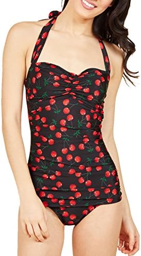 BMJL Home Swimwear Ladies Adjustable Halter Neck Tummy Control Ruched One Piece Swim Suit Cherry Printed Black Backless Vintage Swimming Costume for Women