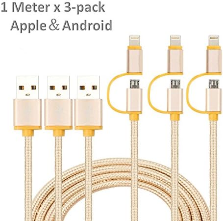 2-in-1 Braided Lightning and Micro USB Cable [3 Pack 3.3 ft] High Speed Sync and Charging Cable Lead Cord Compatible with iPhone7/7Plus/6plus/6splus/6s/6/5S/5/5c/se, iPod Nano 7, iPod Touch 5, Samsung, Huawei, LG, HTC and More (Gold)