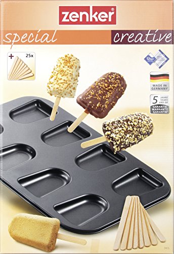 Zenker Backblech für Kucheneis am Stiel, Backform mit 25 Holzstäbchen für Snacks, Backblech mit Antihaftbeschichtung für kleine Kuchen, kreatives Backen (Farbe: schwarz), Menge: 1 Stück - 2