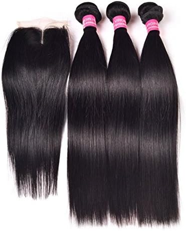 ALIPOP Brazilian Virgin Hair Straight 3 Bundles With Lace Closure Unprocessed Human Hair Extensions Pack Of 4 Natural Color(10 12 14inch+8closure)
