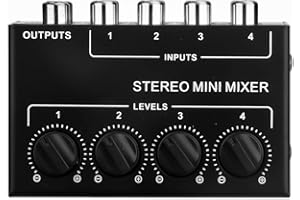 Tiardey 4-Kanal-Stereo-Audio-Mixer, unterstützt RCA-Eingang und -Ausgang, Mini-Passiv-Stereo-Mixer mit separaten Lautstärkereglern